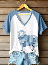 Frauen niedliches Schaf Patchwork Kunst V-Ausschnitt T-Shirt